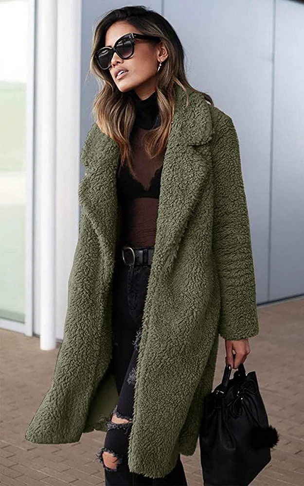 Angashion Womens Fuzzy Fleece Lapel Open Front Long Cardigan Coat Faux Fur Warm Winter Outwear Jackets