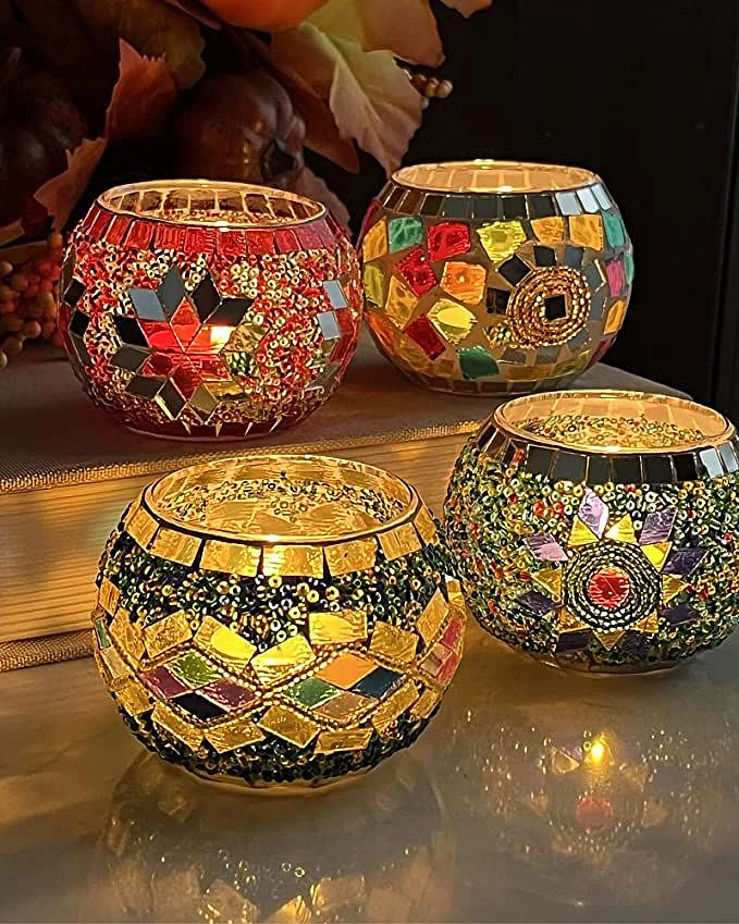 SHMILMH Glass Candle Holder Set of 4 Votive Candle Holders Handmade Mosaic Glass Tealight Holders Diwali Decorations for Home