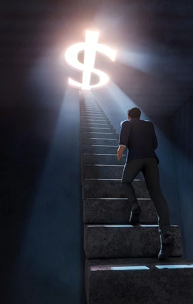 Premium Photo Businessman running towards money symbol on stairs inside dark room Photorealistic 3D rendering
