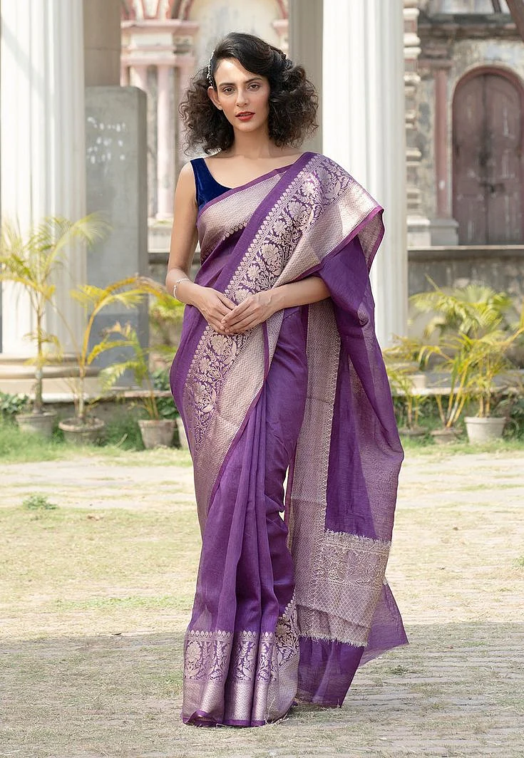 Purple Pure linen Banarasi Saree