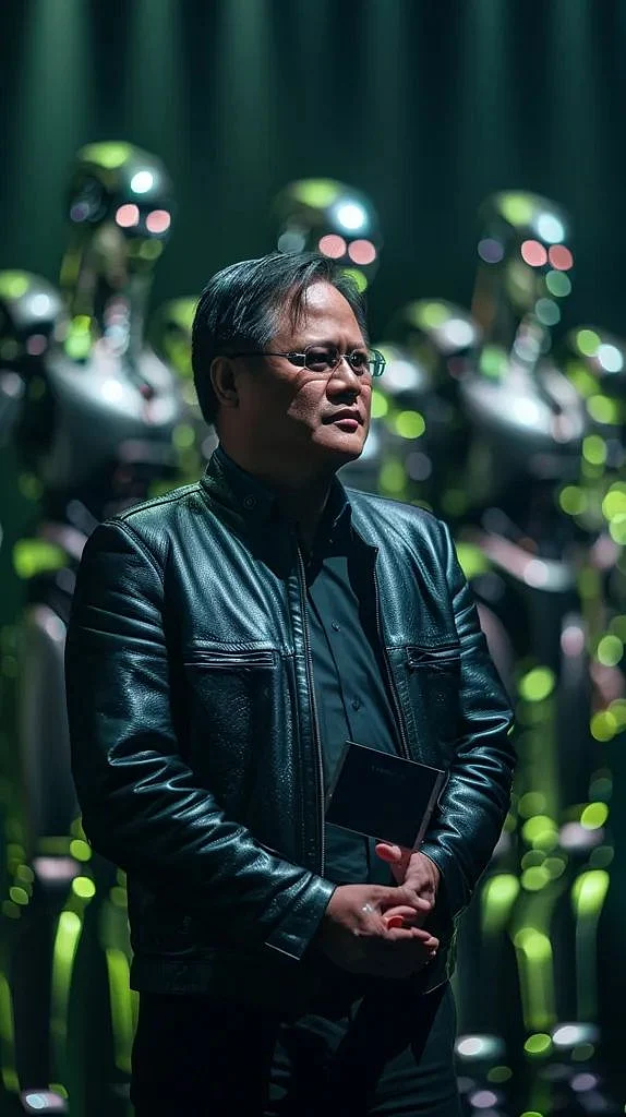 Midjourney Nvidia CEO Jensen Huang speaks on stage in black jacket