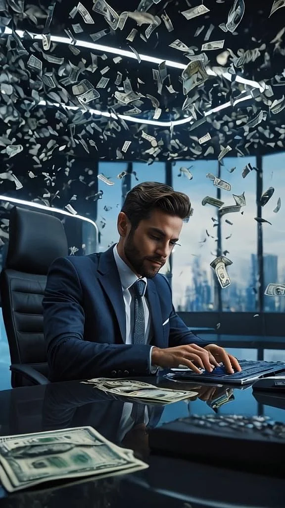 a business professional working in a futuristic office and cash is flying around in the office