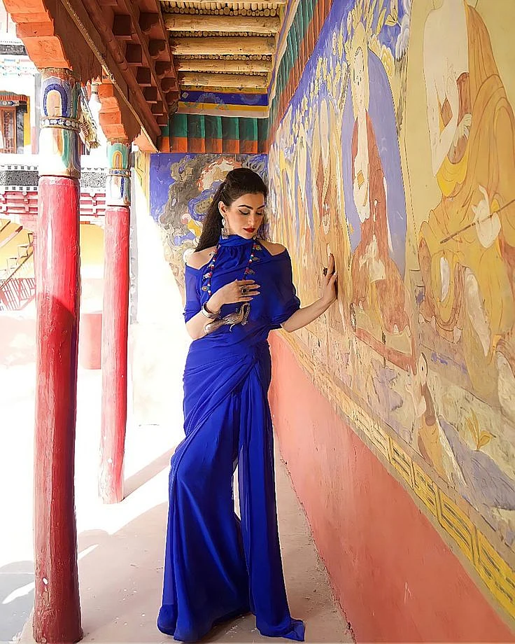 blue saree traditionals outfit in Leh Ladakh shalini passi