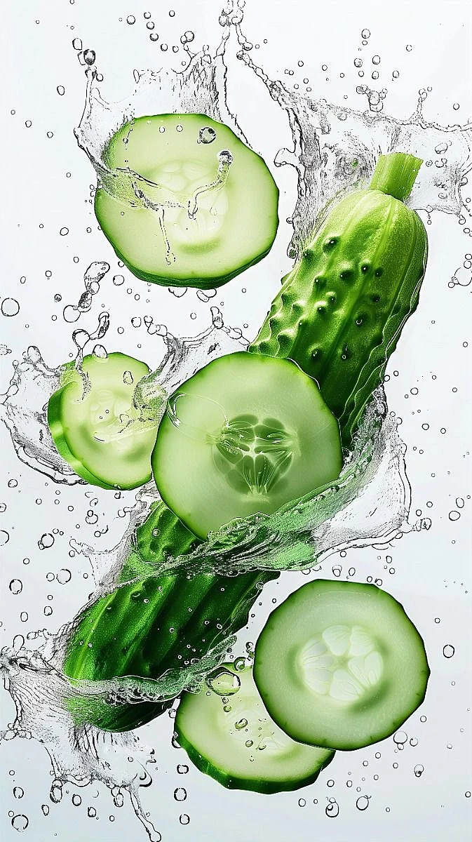 Few cucumber slices and water splashes on a white background
