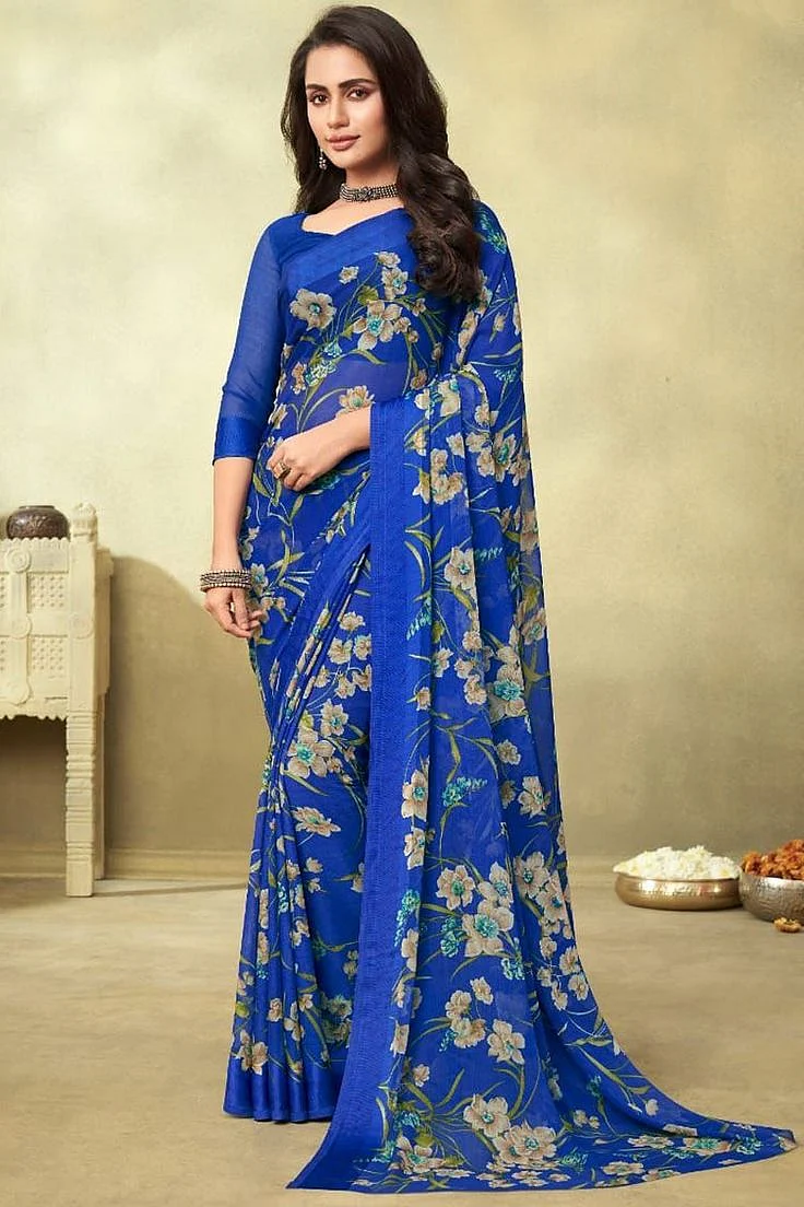 Floral printed blue saree