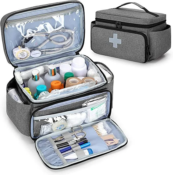 CURMIO Small Medicine Storage Bag Empty Family First Aid Box Pill Bottle Organizer for Emergency Medical Supplies Gray Bag Only Patent Pending