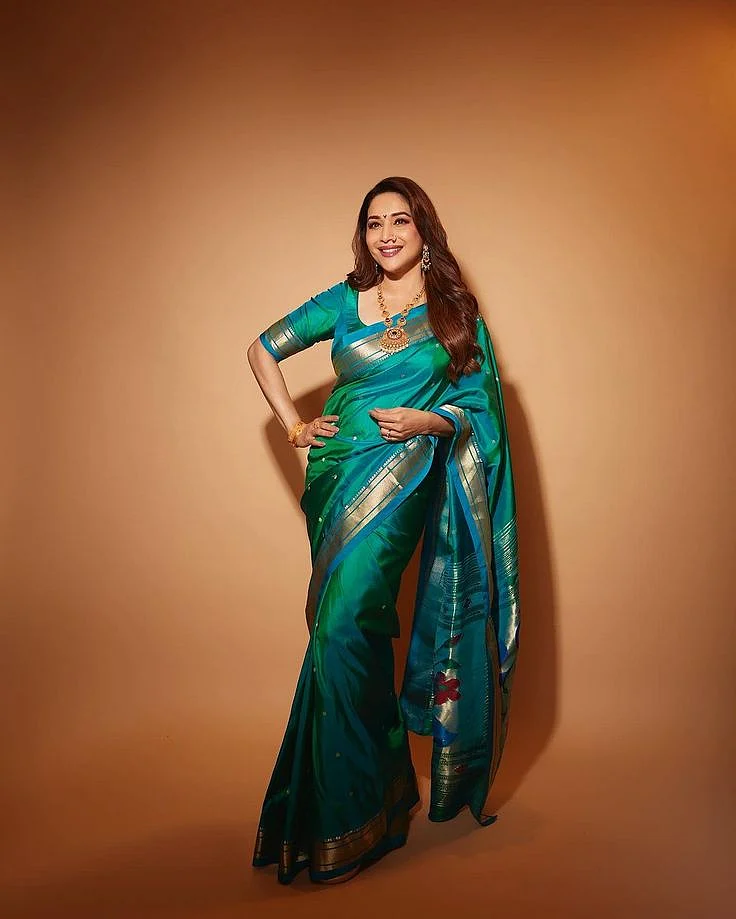 Madhuri Dixit Nene shows her love for saris in a teal Maharashtrian Paithani