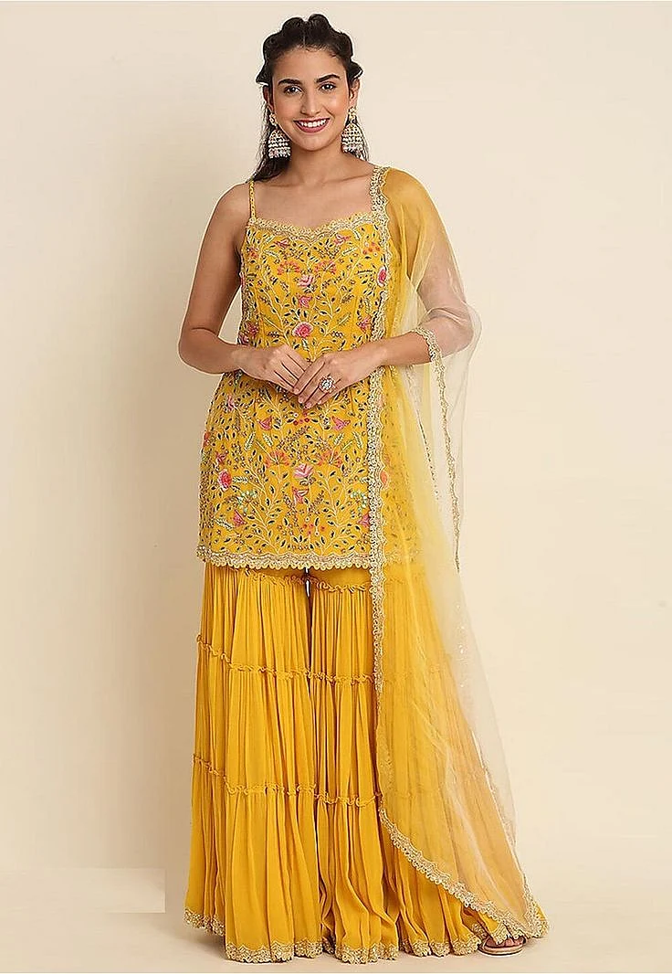 Embroidered Georgette Pakistani Suit in Yellow 1