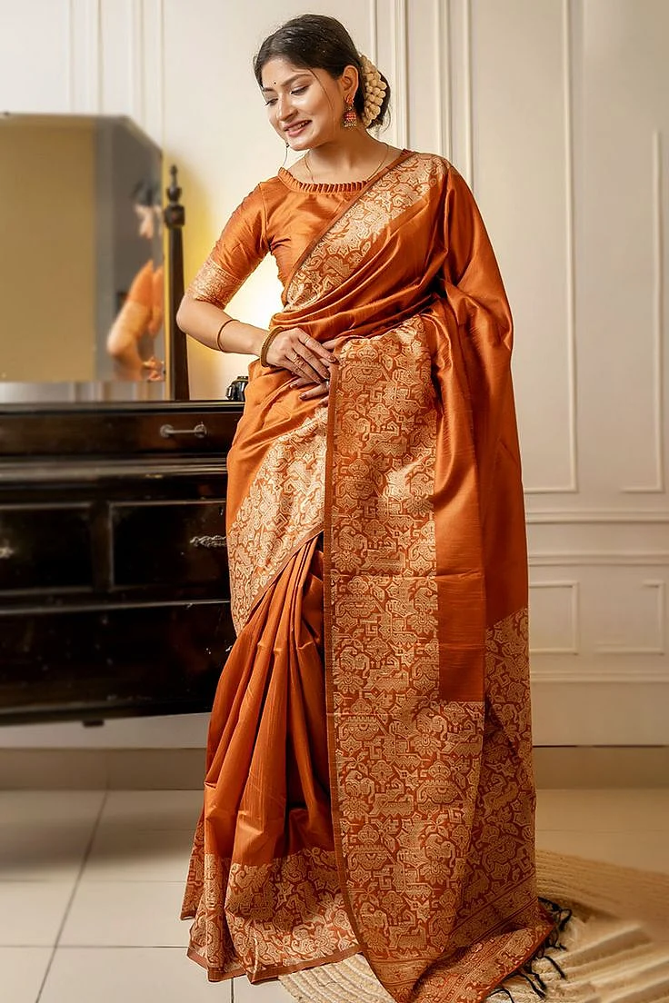 Weaved Thread Rust Orange Casual Wear Silk Saree