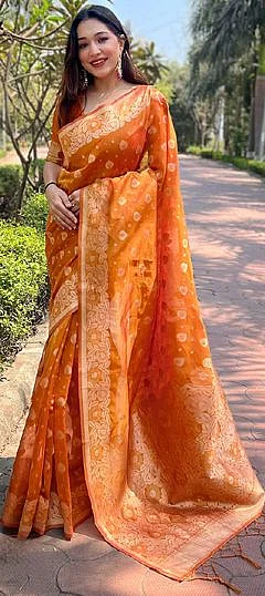 Party Wear Reception Traditional Orange color Organza Silk fabric Saree 1965337