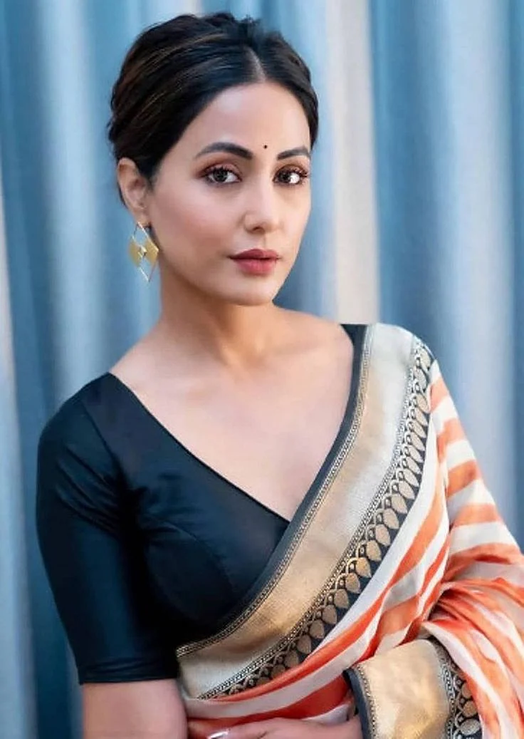 Hina Khan wear Bollywood Designer V Neck Black Silk Blouse For Women Custom Made Saree Blouse Fan