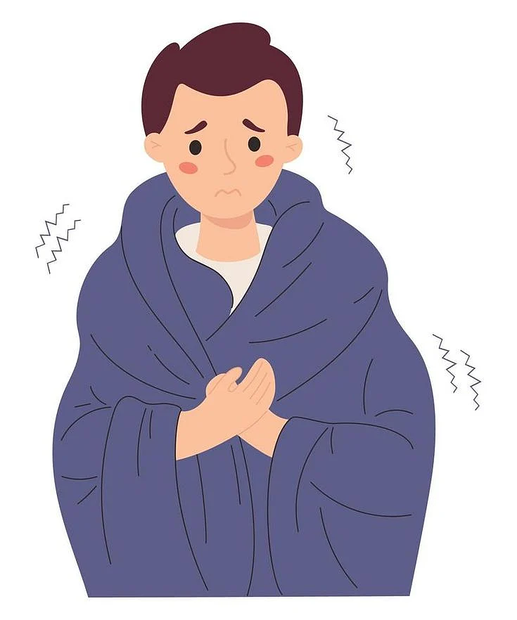 Unhappy man wrapped in blanket freezing and trembling Cartoon flat vector illustration