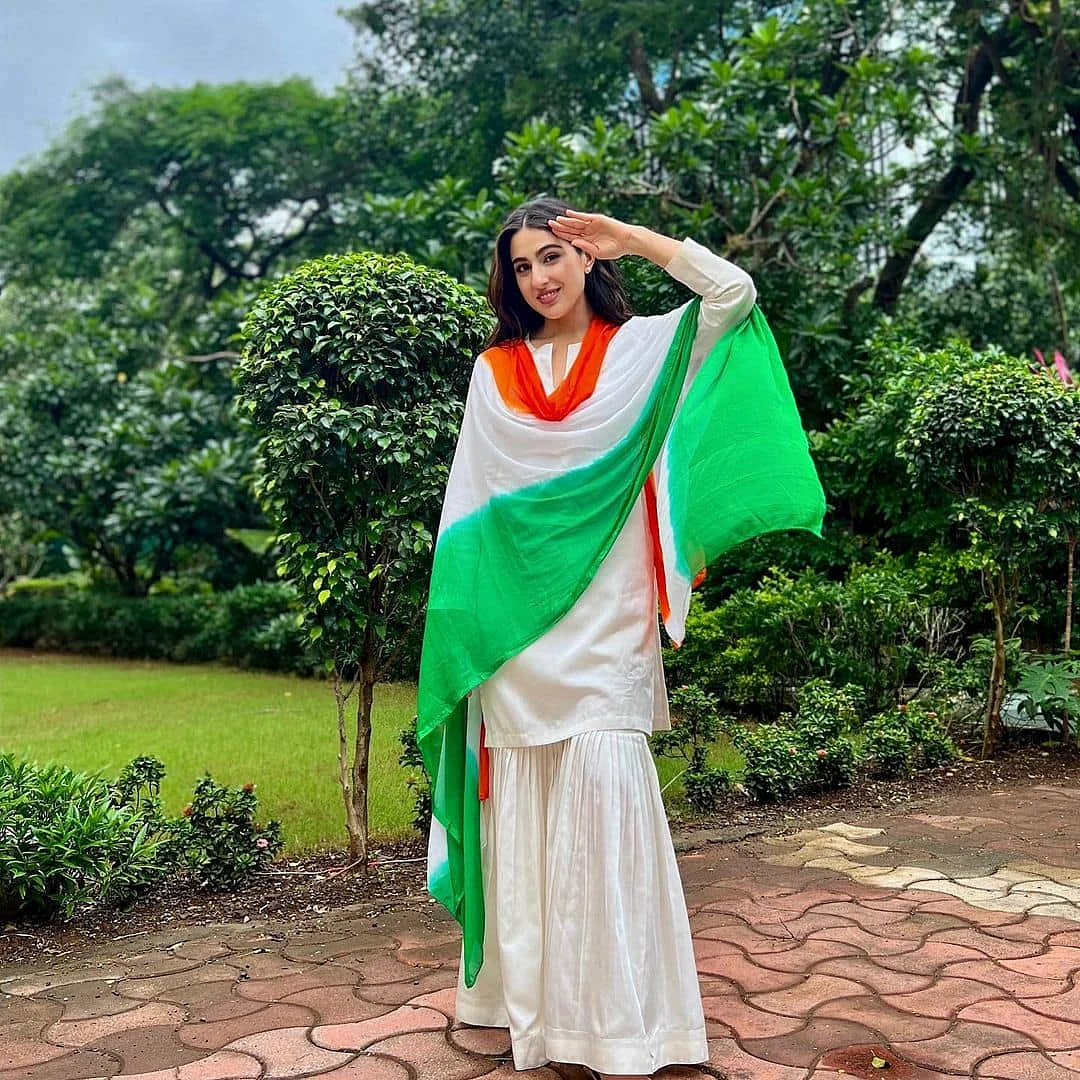 sara ali khan in white sharara with tricolor dupatta