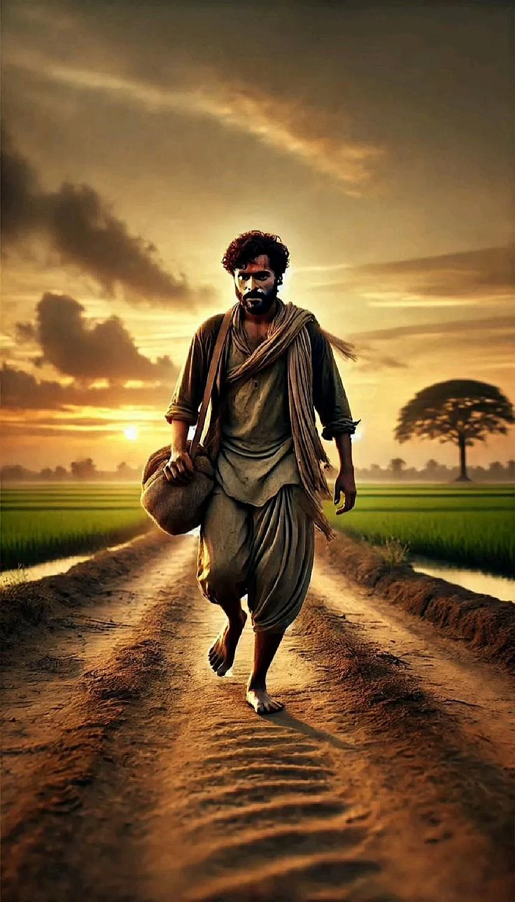 MAN WALKING TOWARDS FARM FIELD