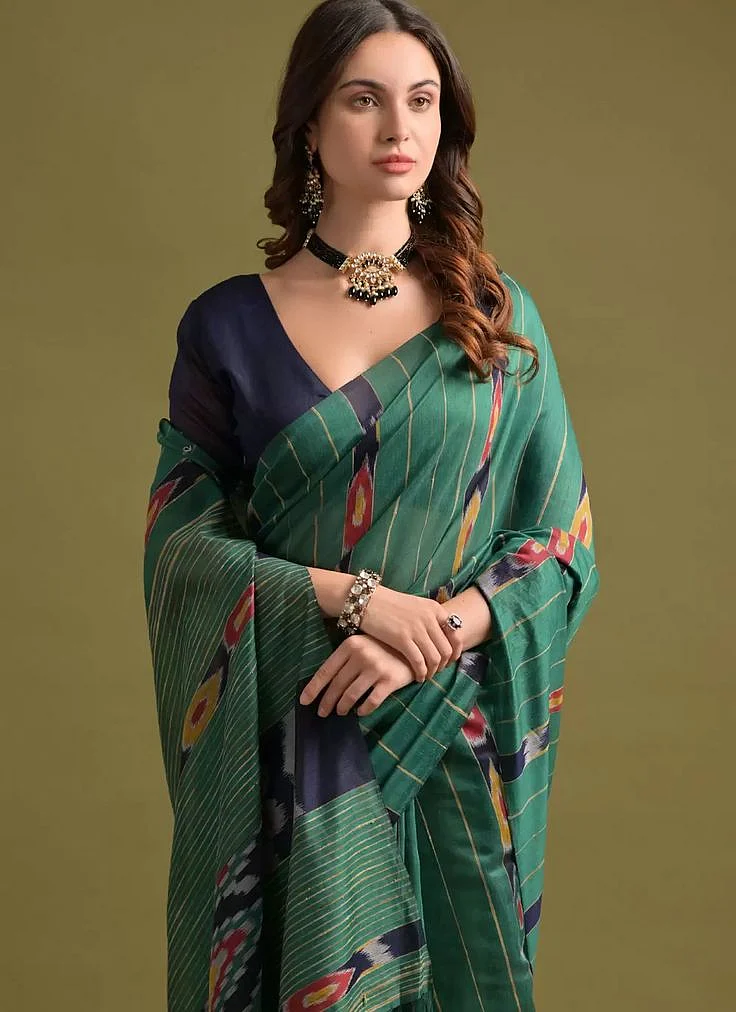 Adorable Green Soft Cotton Printed Classic Designer Saree