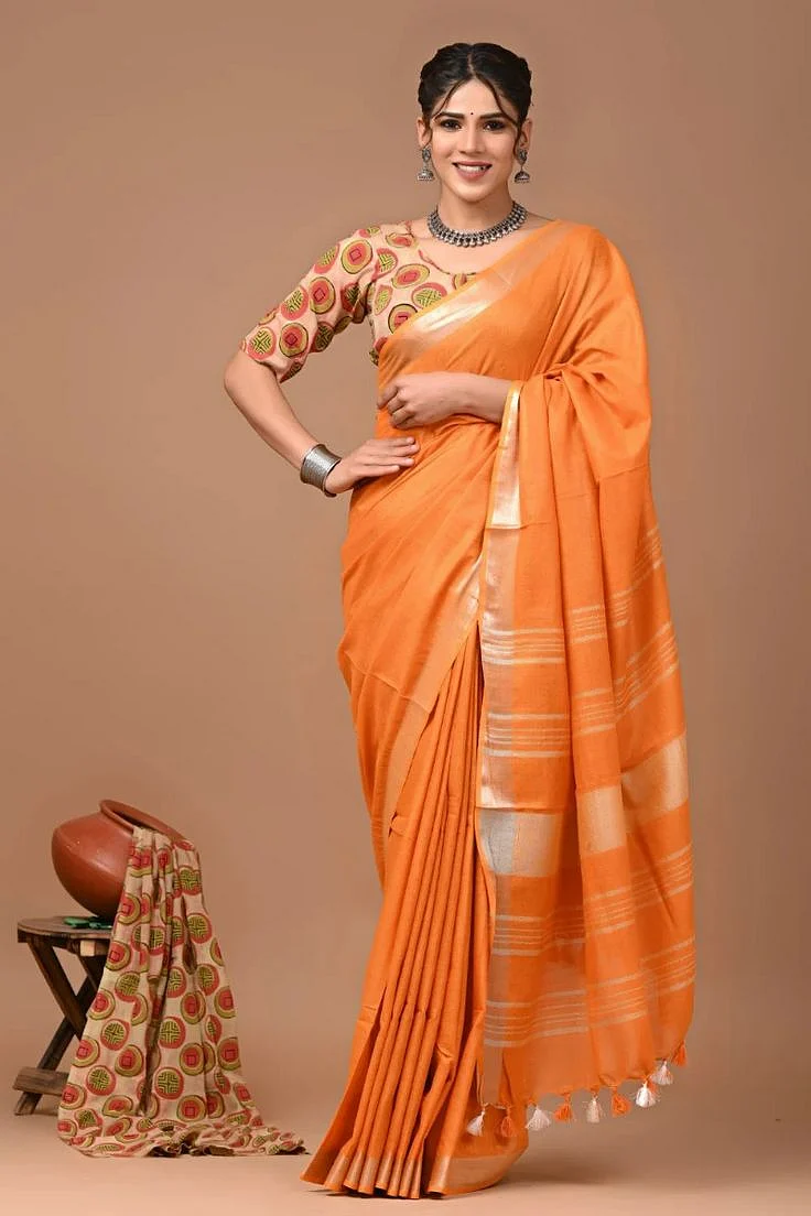 Graceful Orange Linen Cotton Saree