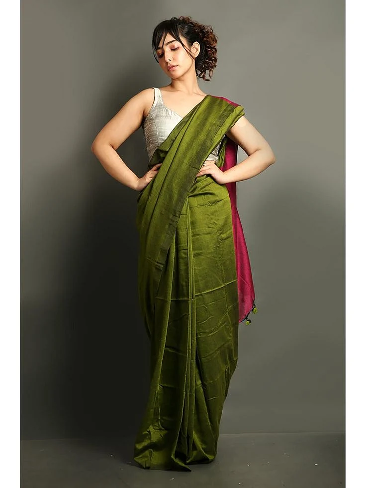 Buy Charukriti Moss Green Cotton Handloom Saree With Unstitched Blouse Online