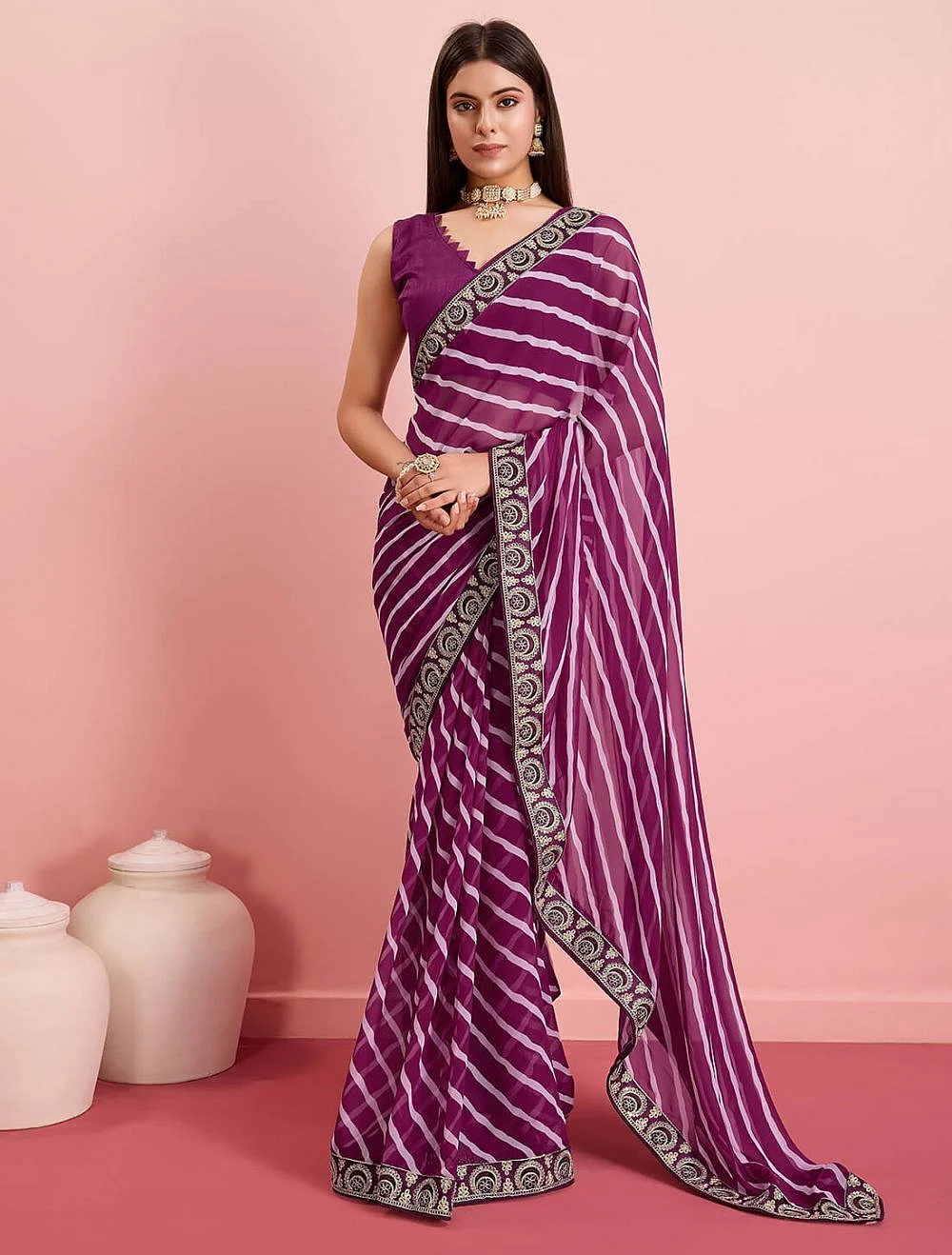 purple georgette party wear saree with leheriya print fabsa22274