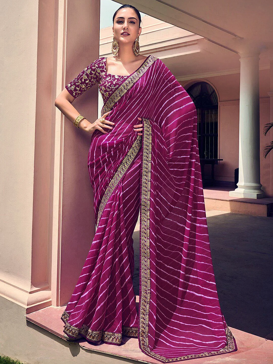 Mitera Purple White Leheriya Printed Embroidered Poly Georgette Leheriya Saree 1
