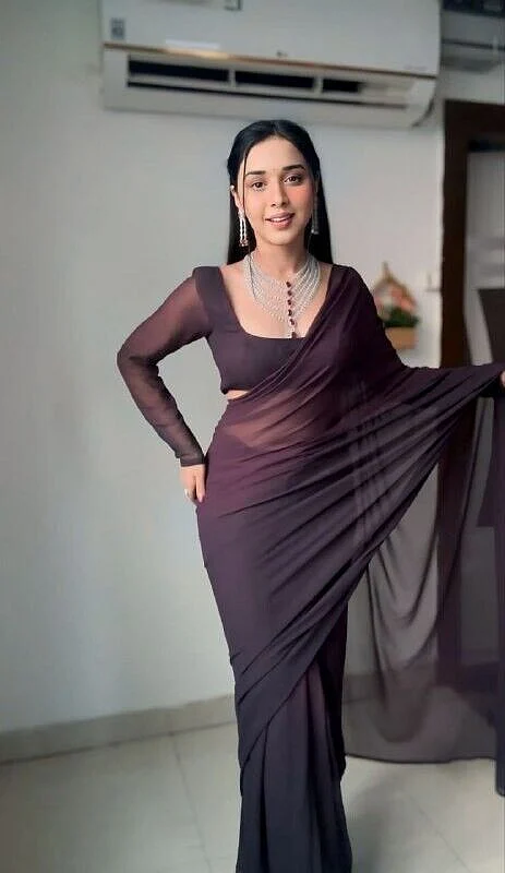 Chocolate Color Georgette Solid Womens Solid Wedding Ready To Wear Drape Sarees