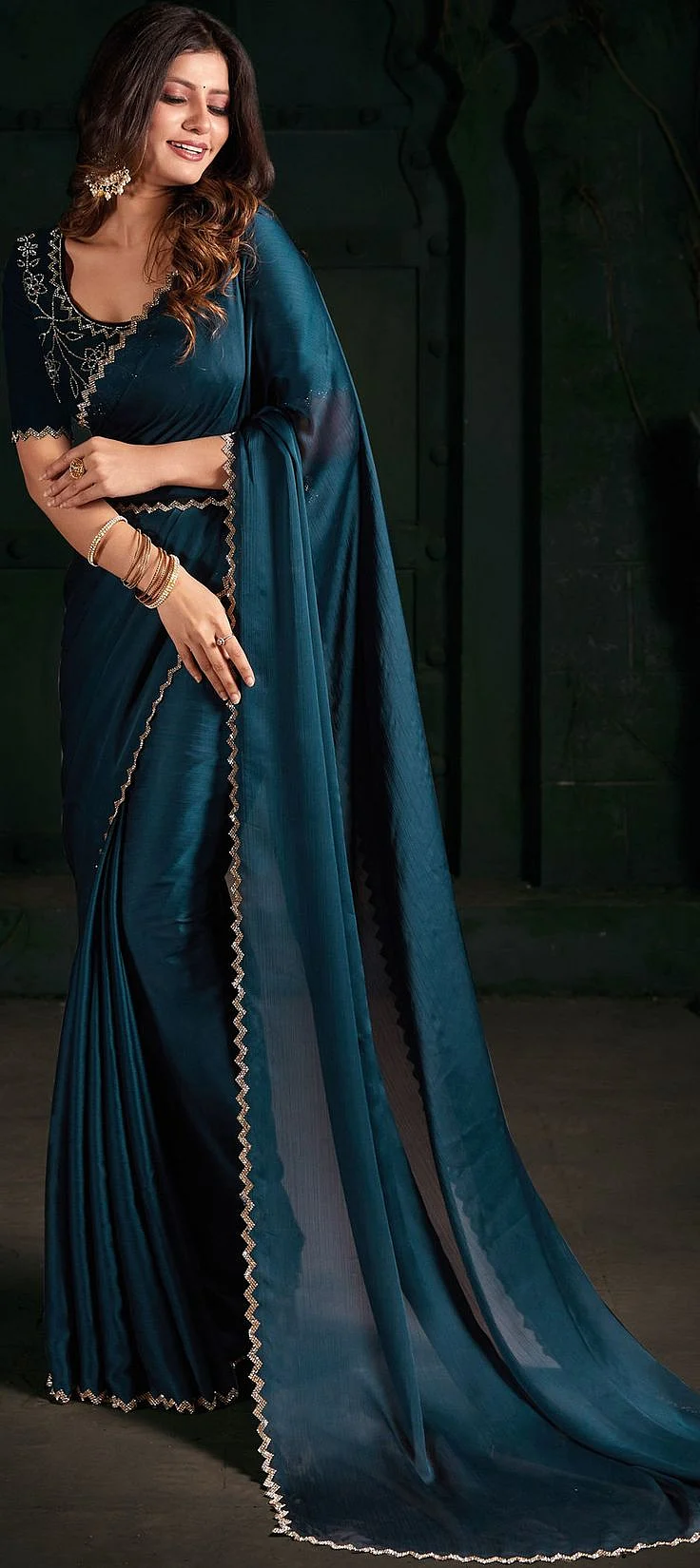 Chiffon Festive Saree in Blue with Zircon work
