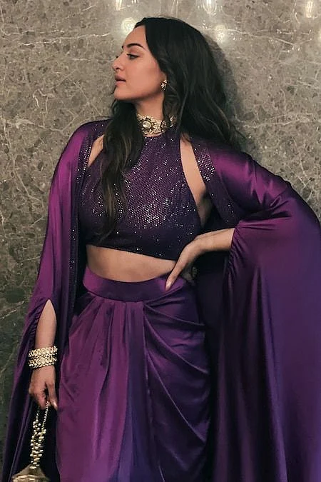 Buy Purple Net Embellished Crystal Top Halter Border Cape And Skirt Set For Women by Itrh Online at Aza Fashions 1