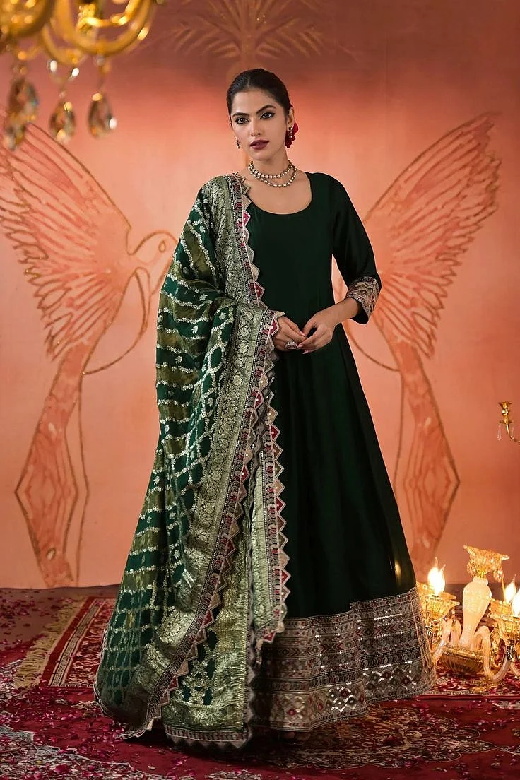 Dark Green Embellished Silk Anarkali Set Silk DarkGreen XXL44
