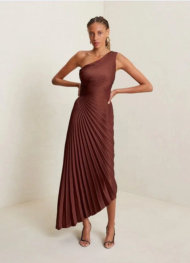 Women Clothing One Shoulder Sun Pleated Satin Dress L Apricot