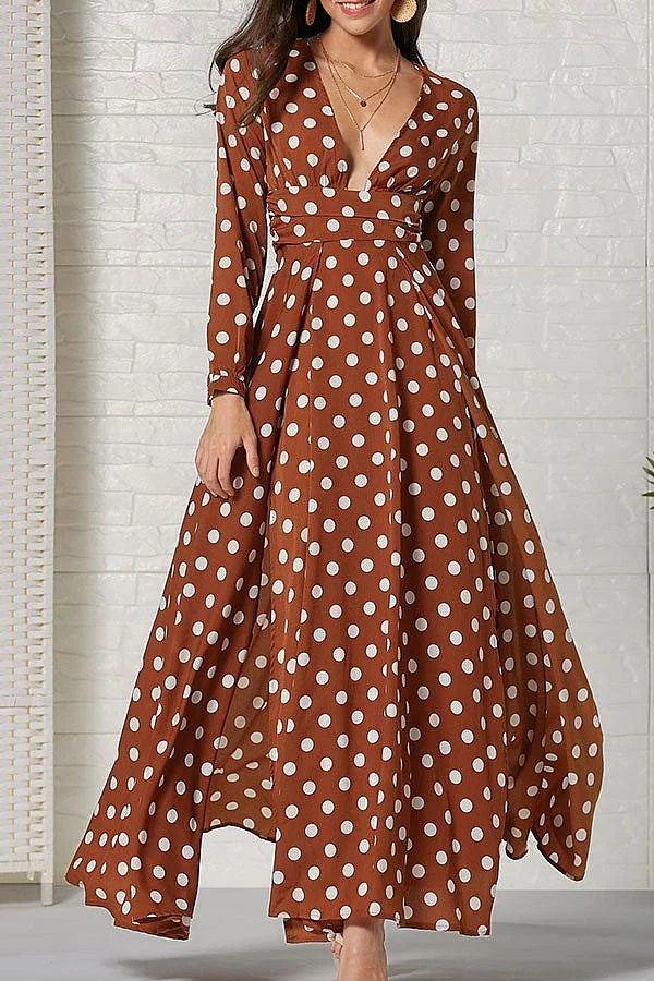 Polka Dot Slit V neck Maxi Dress Brown US 8
