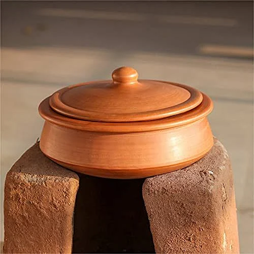 Swadeshi Blessings HandMade Exclusive Range Unglazed Clay HandiEarthen KadaiClay Pot For Cooking Serving with Lid 28Liters With Natural White Firing Shade Mirror Shine Red