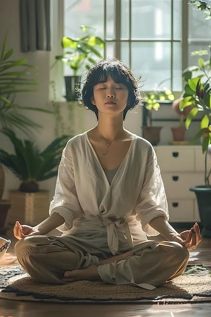 Peaceful Morning Meditation with MiddleAged Asian Woman Premium AI generated image 1