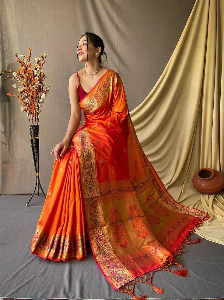 PURE PAITHANI SILK SAREE WITH PAITHANI RICH WEAVED PALLU AND TASSELS WITH MEENAKARI MOTTIFS WhatsA