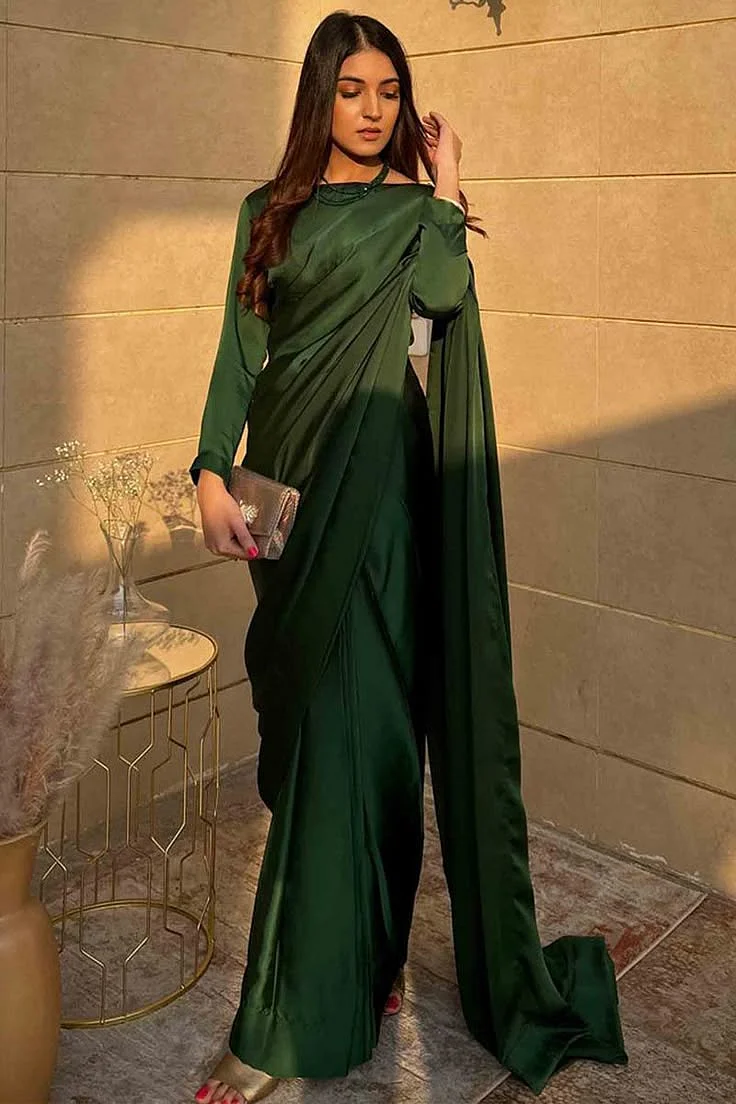 Plain Party Wear Silk Emerald Green Saree