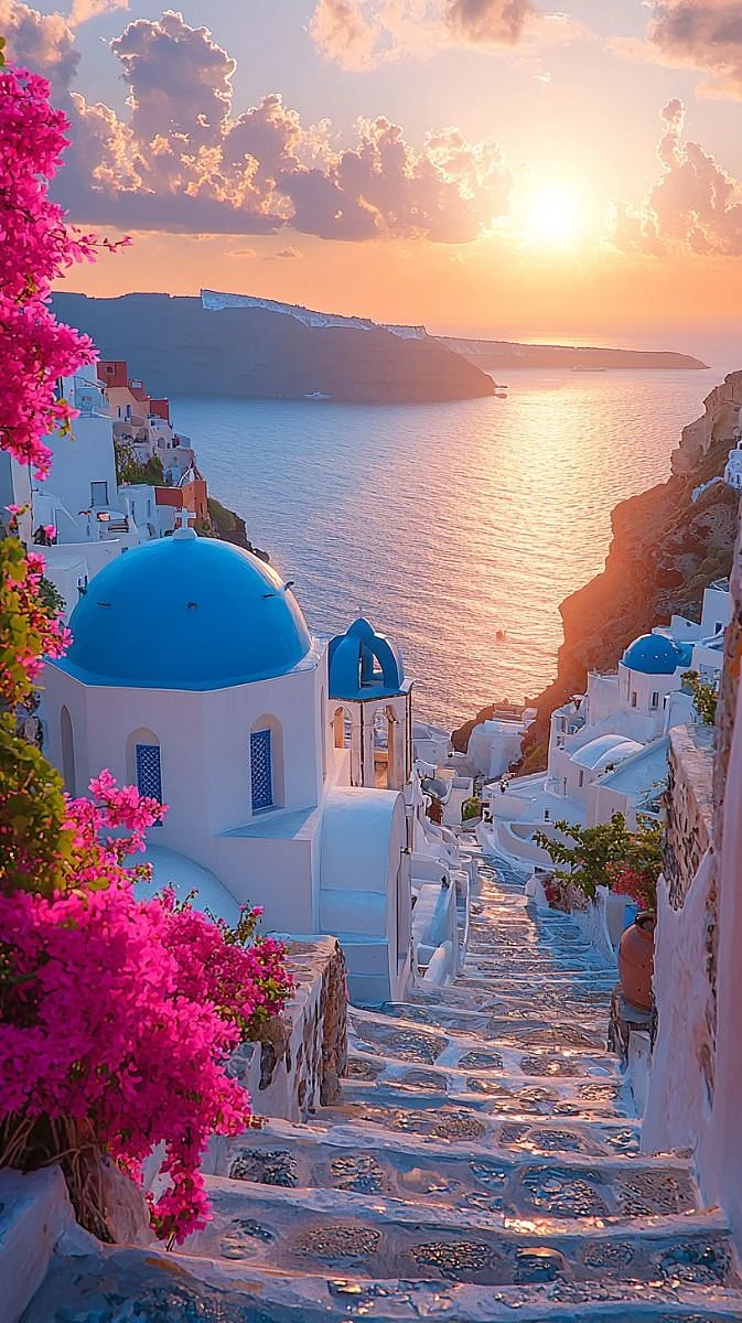 A view of Santorini at sunset Whitewashed buildings with blue domes perched on the cliffs