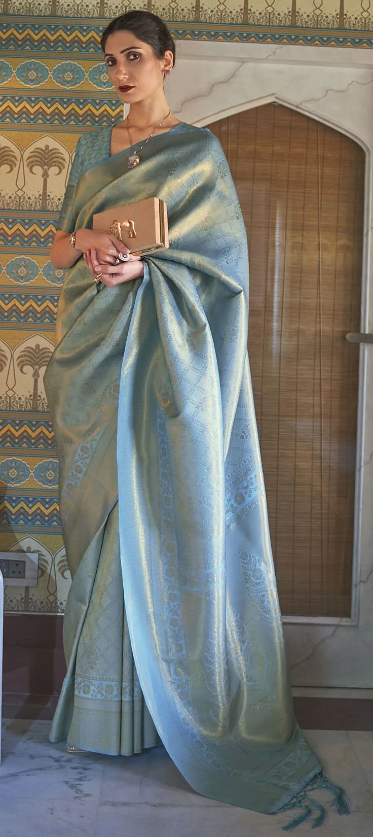 Silk Reception Saree in Blue with Weaving work
