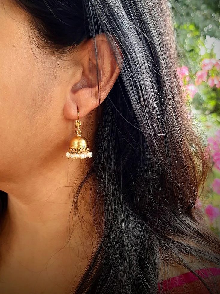 Dainty Pure Silver Gold Polish Jhumki with pearl drops Jhumka Gold Jhumka