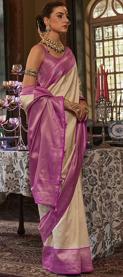 Kanjeevaram Silk Bridal Saree in Beige and Brown with Weaving work