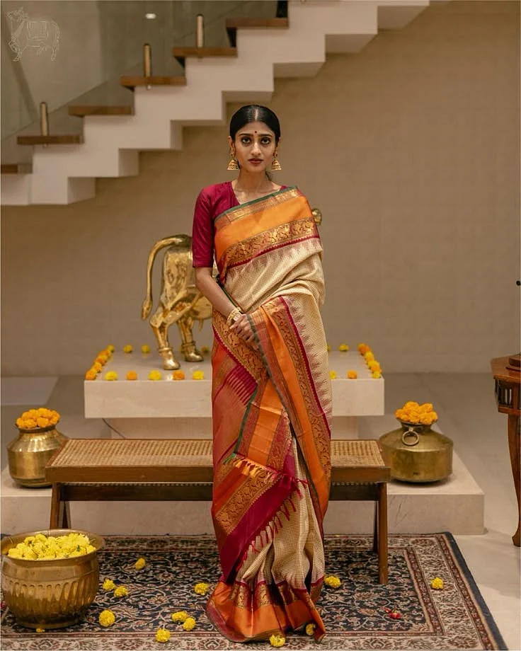 Vennai vellai Kanchipuram silk saree