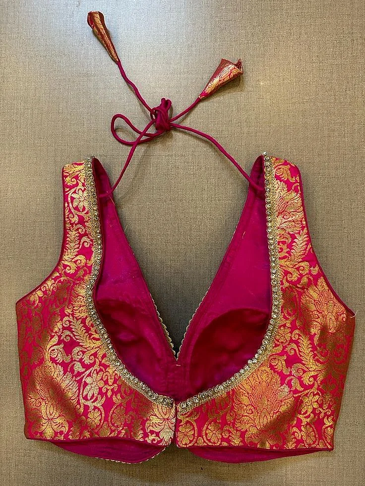 50V549 RO Fuschia Pink Banarasi Sleeveless Blouse With Stone Lace