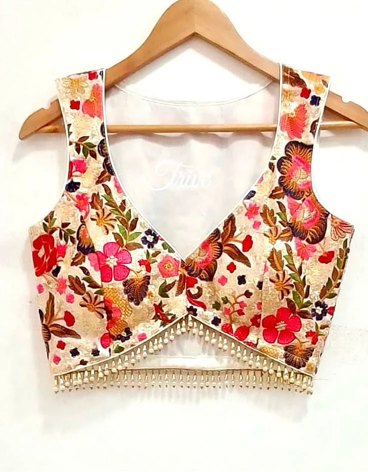 Buy Saree Lehenga Blouse Made to Order Indian Designer White Multi Color Embroidered Sequin Georgette Sleeveless V Neck Blouse Online in India Etsy