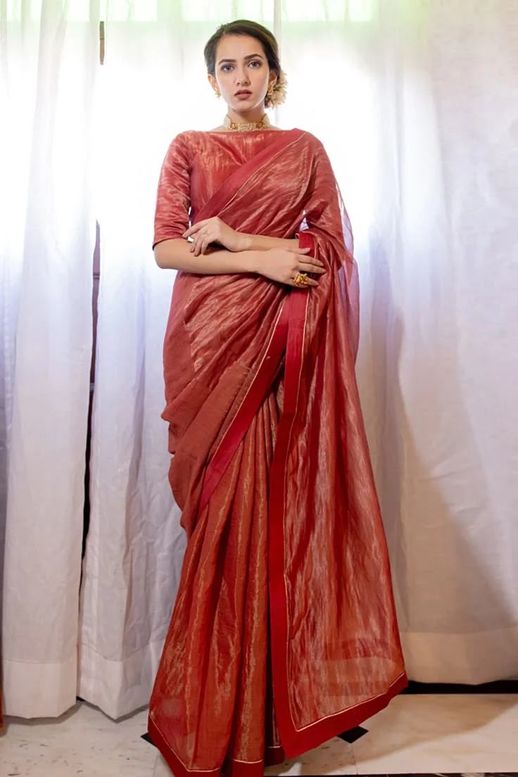 Buy Maroon Pure Handwoven Tissue Chanderi Saree For Women by Juanita by Shubhda Online at Aza Fashions