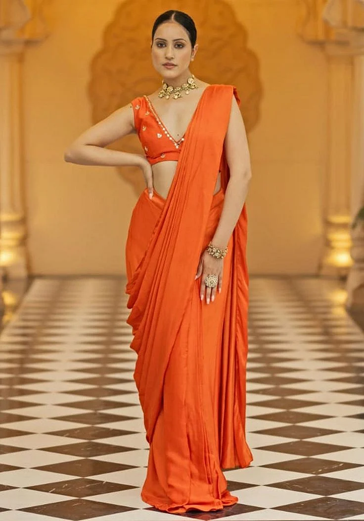 Rust Satin Pre Draped Saree Set M