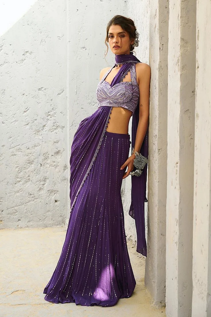 Moon Purple Pre Drape Saree Purple L 40