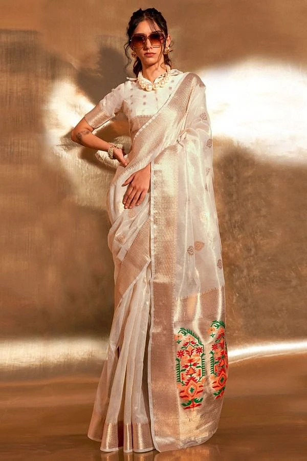 Buy Pearl White Zari Tissue Paithani Pallu Saree Online SJDN13103