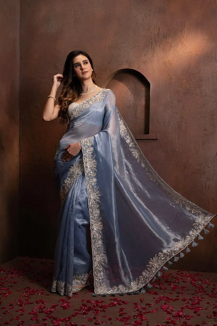 HAND EMBROIDERED BLUE TISSUE ORGANZA SAREE