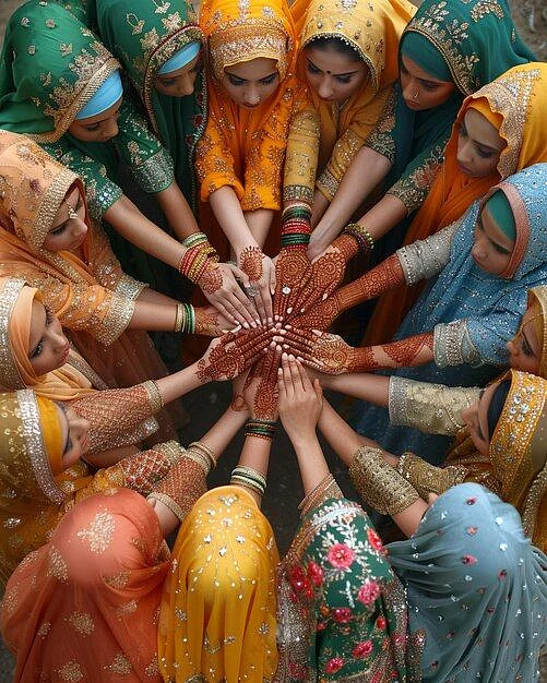A Group Of Women Gathering Traditional Wallpaper Premium AI generated image
