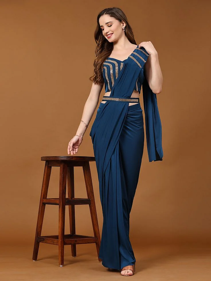Womens Lycra Pre Drapped Ready To Wear Saree With Blouse And Belt Bollywood sarees