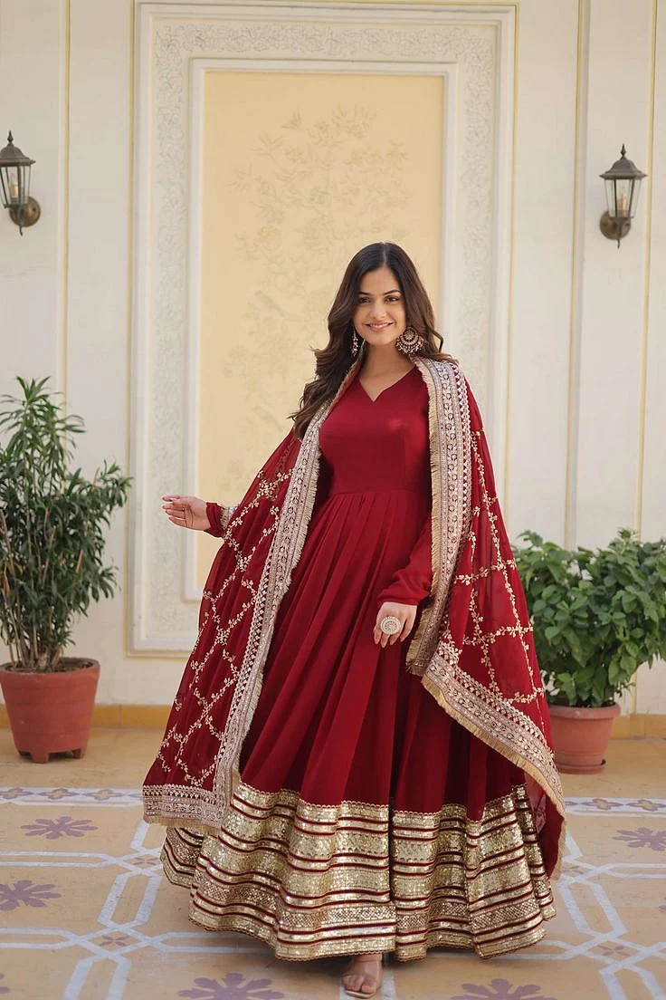 TRADITIONAL RED COLOUR Faux Blooming with Embroidery Zari Sequins work LONG ANARKALI STYLE FESTIVAL SPECIAL READYMADE SUITS COLLECITON AT BEST RATE 1