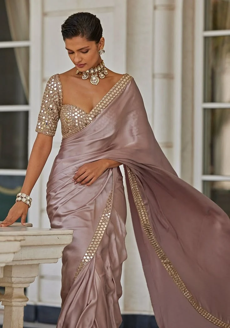 Pink Satin Saree With Embroidered Mirror Blouse MySize
