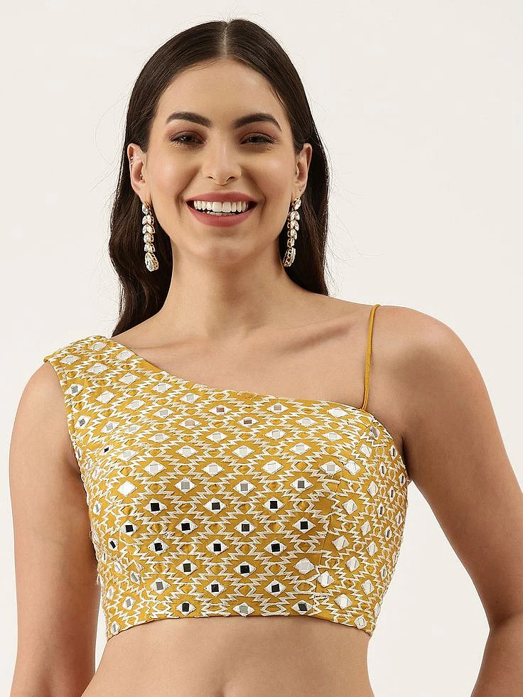 Mustard Hand Work One Shoulder Readymade Blouse For Wedding Party Wear Design 1630 40